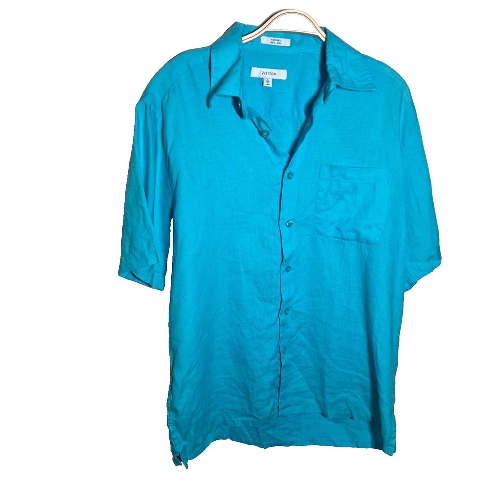 Visitor Electric‎ Blue Linen Short Sleeve Shirt Size L Button Up Resort Pocket